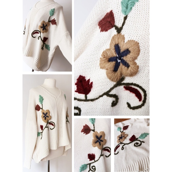 Cream Floral Embroidered Oversize Slouchy Sweater - Picture 3 of 8